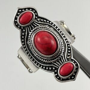 Red Howlite Silver Tone Art Deco Gothic Stretch Band Ring Adjustable Fashion